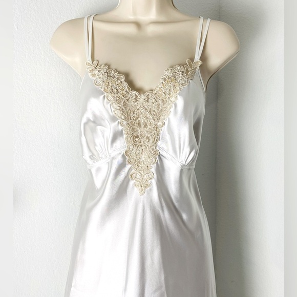 Vintage Linea Donatella Satin Bead Lace Maxi Slip Babydoll Dress White Dollcore - Picture 4 of 13